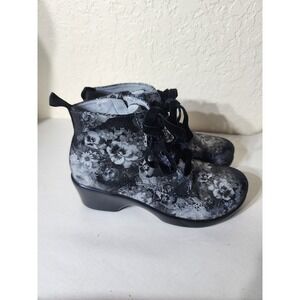 Alegria Eliza Elegance Silver Black Floral Lace Up Zip Side Booties Size 37 US 7